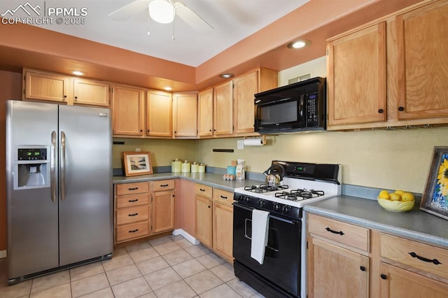 1003 N Institute St, Colorado Springs, CO 80903 - kitchen featuring stainless steel fridge with ice dispenser, black microwave, range with gas cooktop, and light brown cabinets