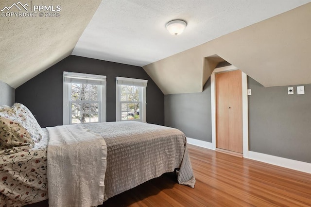 1003 N Institute St, Colorado Springs, CO 80903 - bedroom featuring wood finished floors, baseboards, a textured ceiling, and lofted ceiling