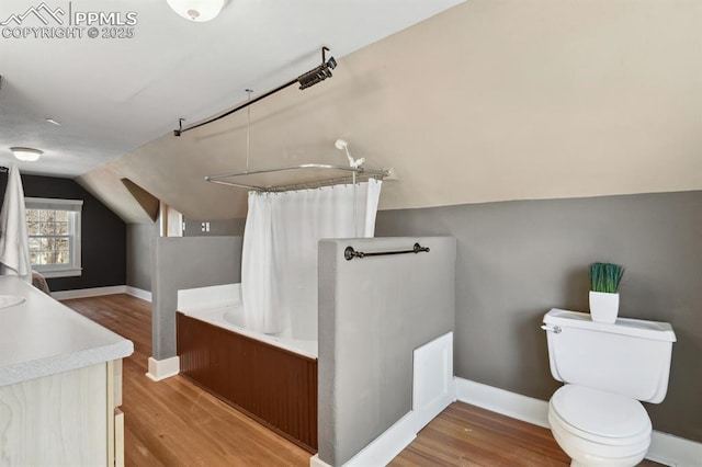 1003 N Institute St, Colorado Springs, CO 80903 - bathroom with wood finished floors, toilet, lofted ceiling, baseboards, and vanity