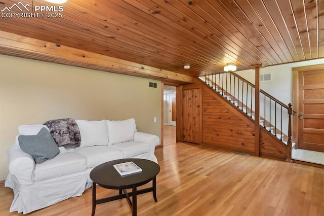 1003 N Institute St, Colorado Springs, CO 80903 - living area featuring stairs, wood finished floors, and wooden ceiling