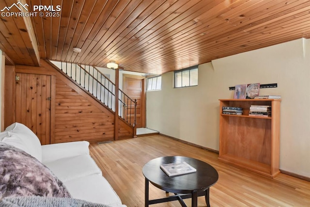 1003 N Institute St, Colorado Springs, CO 80903 - living area featuring wood ceiling, wood finished floors, stairway, and baseboards