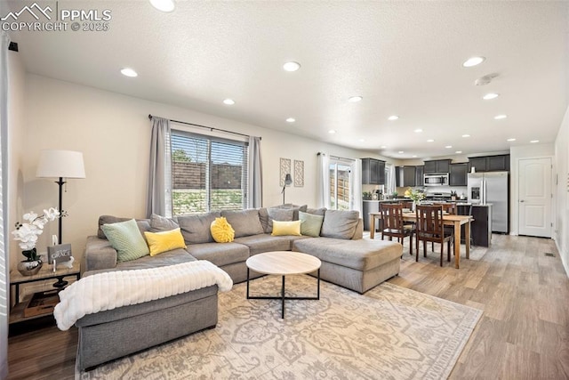 living area with light wood-type flooring and recessed lighting