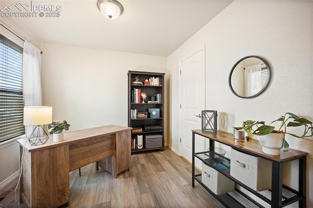home office featuring wood finished floors and baseboards