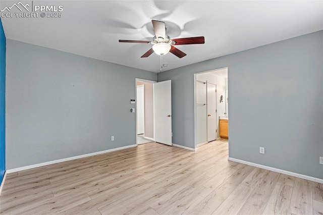 2265 Sage Grouse Ln, Colorado Springs, CO 80951 - unfurnished bedroom featuring light wood-style floors, baseboards, ensuite bath, and a ceiling fan