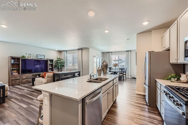 10737 Rolling Mesa Dr, Falcon, CO 80831 - kitchen with a sink, stainless steel appliances, open floor plan, dark wood-style flooring, and recessed lighting