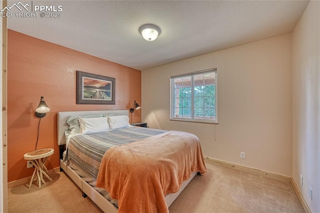 bedroom with carpet floors, baseboards, and a textured ceiling