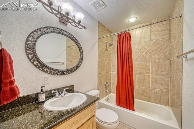 full bathroom featuring shower / bath combo with shower curtain, a textured ceiling, toilet, vanity, and a textured wall