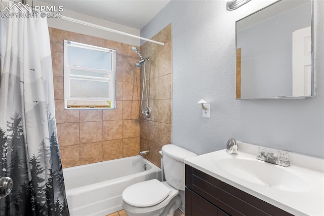 2744 Ron Ct, Colorado Springs, CO 80909 - full bathroom with shower / bathtub combination with curtain, a textured wall, toilet, and vanity