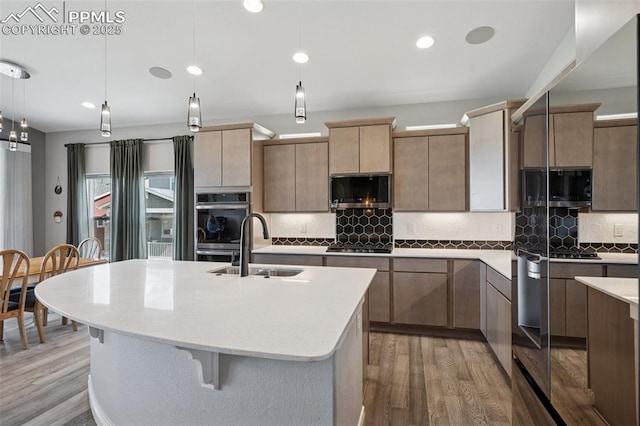 6949 Compass Bend Dr, Colorado Springs, CO 80927 - kitchen with light wood finished floors, a sink, appliances with stainless steel finishes, tasteful backsplash, and hanging light fixtures