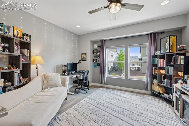 6949 Compass Bend Dr, Colorado Springs, CO 80927 - office area with a ceiling fan, wood finished floors, recessed lighting, and baseboards