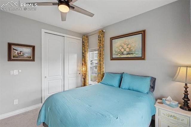 6949 Compass Bend Dr, Colorado Springs, CO 80927 - bedroom featuring a closet, baseboards, carpet, and ceiling fan