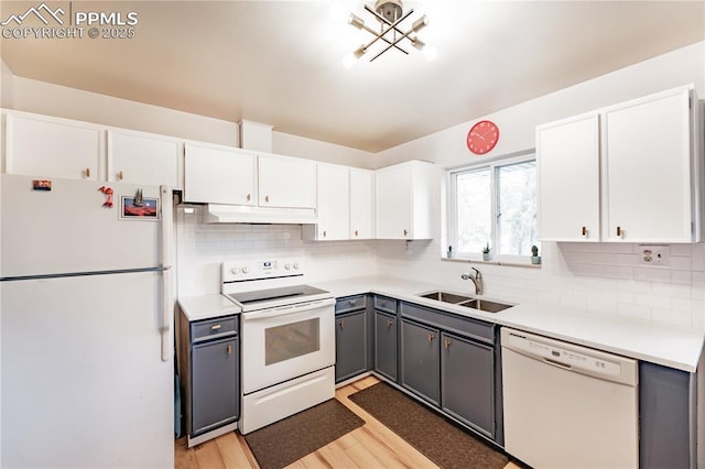 2506 Templeton Gap Rd, Colorado Springs, CO 80907 - kitchen featuring white appliances, a sink, under cabinet range hood, light wood-type flooring, and white cabinetry