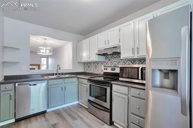514 Shady Crest Cir, Colorado Springs, CO 80916 - kitchen with stainless steel appliances, under cabinet range hood, a sink, dark countertops, and light wood finished floors