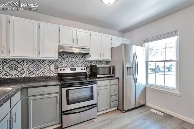 514 Shady Crest Cir, Colorado Springs, CO 80916 - kitchen with appliances with stainless steel finishes, under cabinet range hood, dark countertops, tasteful backsplash, and light wood-style flooring