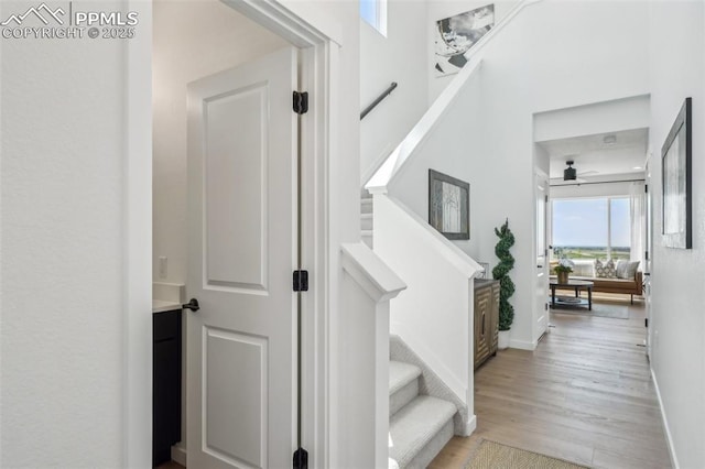 6913 Knapp Dr, Colorado Springs, CO 80924 - staircase featuring a ceiling fan, wood finished floors, and baseboards