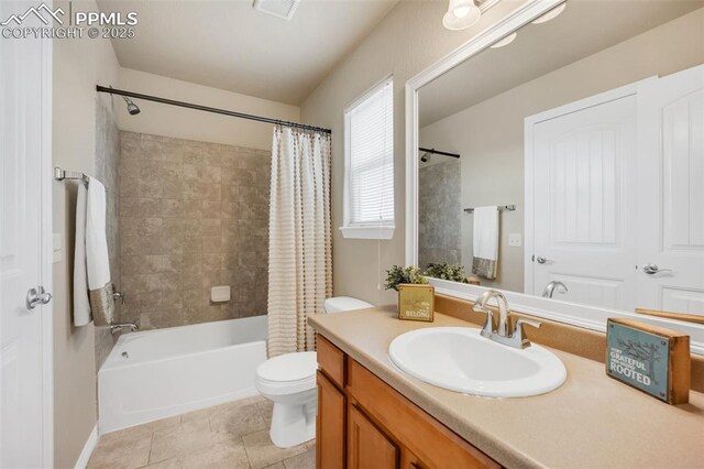 6259 Bearcat Loop, Colorado Springs, CO 80925 - bathroom featuring vanity, toilet, shower / bath combination with curtain, and tile patterned floors