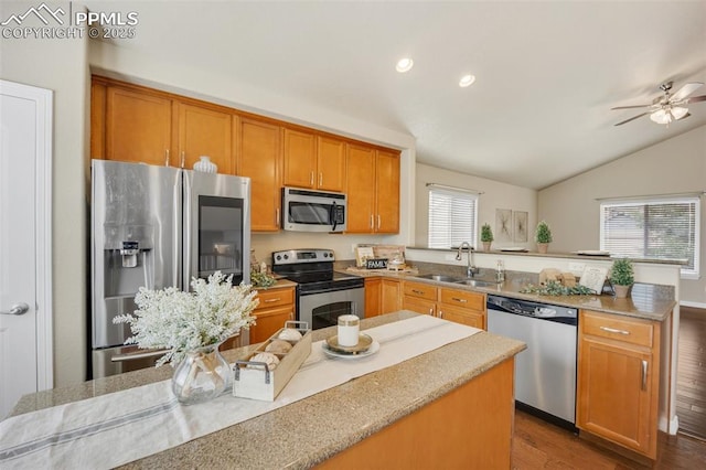 6259 Bearcat Loop, Colorado Springs, CO 80925 - kitchen with appliances with stainless steel finishes, a sink, a peninsula, lofted ceiling, and dark wood-style flooring