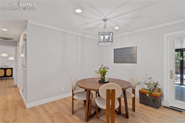 1107 Parkview Blvd, Colorado Springs, CO 80905 - dining room featuring baseboards, ornamental molding, light wood-style flooring, a chandelier, and recessed lighting