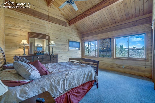 210 Mission Hill Way, Colorado Springs, CO 80921 - bedroom with wooden walls, wooden ceiling, carpet flooring, and a ceiling fan