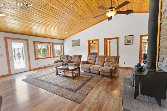 867 Twin Lakes Dr, Divide, CO 80814 - living room featuring a ceiling fan, hardwood / wood-style floors, baseboards, wooden ceiling, and a baseboard heating unit