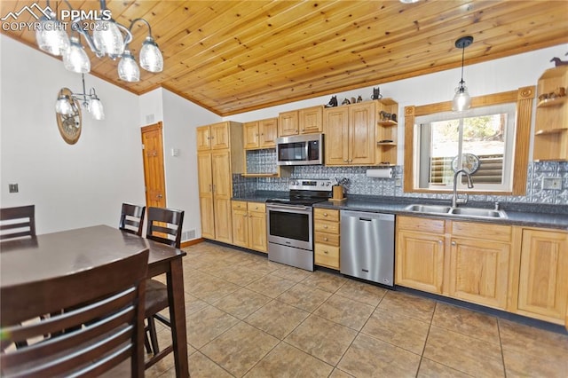 867 Twin Lakes Dr, Divide, CO 80814 - kitchen with stainless steel appliances, a sink, open shelves, wood ceiling, and dark countertops