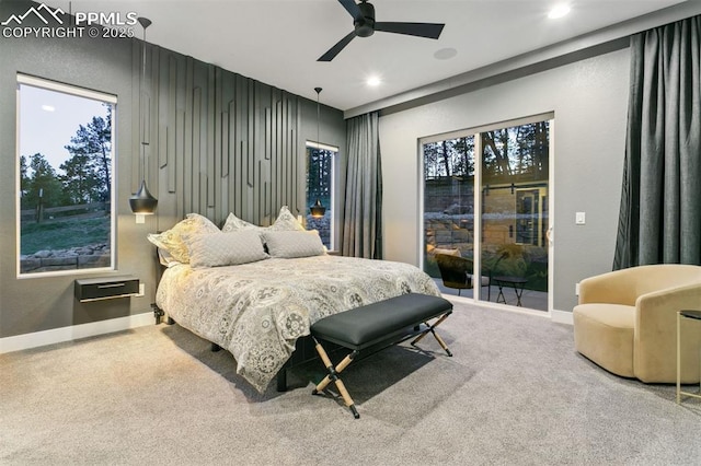 16244 Thunder Cat Way, Monument, CO 80132 - bedroom with access to outside, recessed lighting, baseboards, carpet flooring, and a ceiling fan