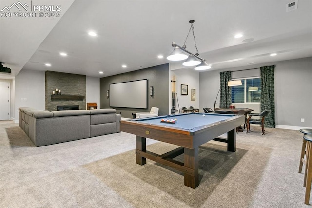 16244 Thunder Cat Way, Monument, CO 80132 - recreation room featuring light carpet, recessed lighting, baseboards, billiards, and a stone fireplace