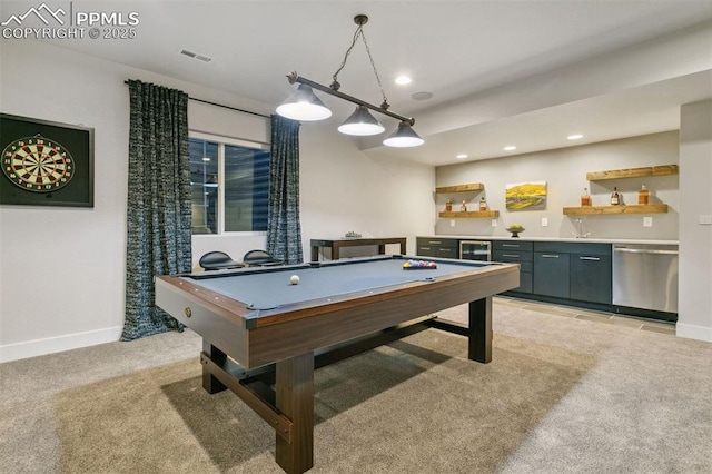 16244 Thunder Cat Way, Monument, CO 80132 - rec room featuring light carpet, wet bar, pool table, baseboards, and recessed lighting