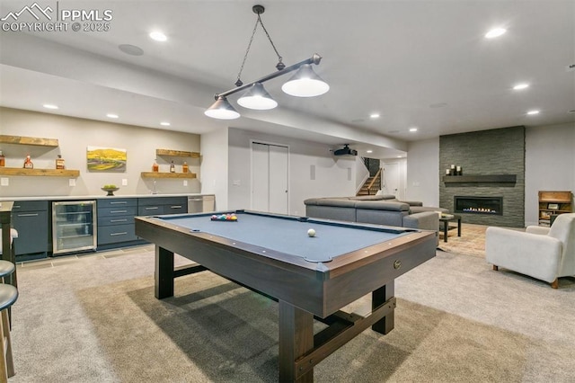 16244 Thunder Cat Way, Monument, CO 80132 - playroom featuring beverage cooler, bar with sink, light colored carpet, pool table, and recessed lighting