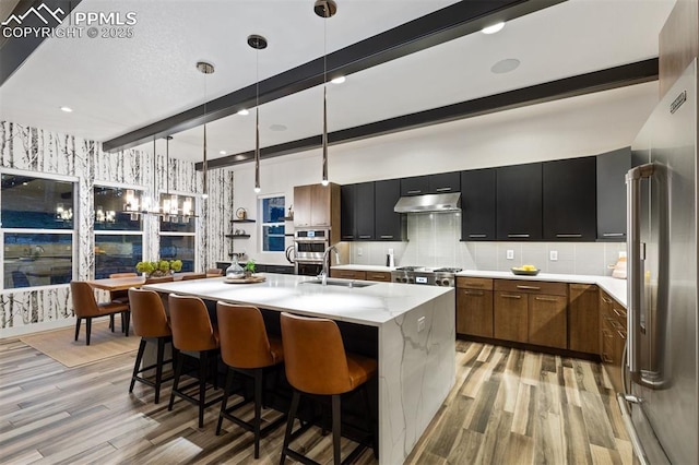 16244 Thunder Cat Way, Monument, CO 80132 - kitchen with under cabinet range hood, stainless steel appliances, beam ceiling, light wood-style flooring, and a sink