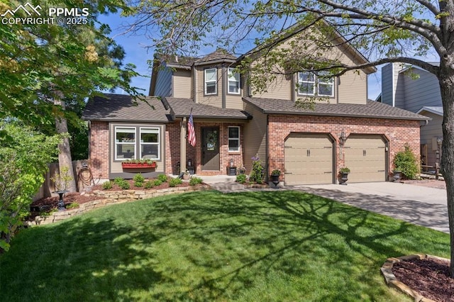 9131 Estebury Cir, Colorado Springs, CO 80920 - view of front of property with driveway, a garage, brick siding, and roof with shingles
