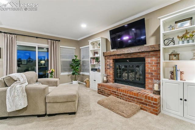 9131 Estebury Cir, Colorado Springs, CO 80920 - living area featuring a fireplace, carpet, and ornamental molding