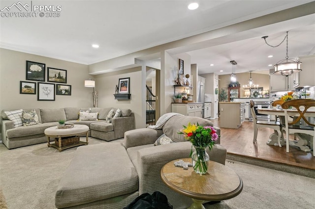 9131 Estebury Cir, Colorado Springs, CO 80920 - living room with ornamental molding, recessed lighting, and stairs