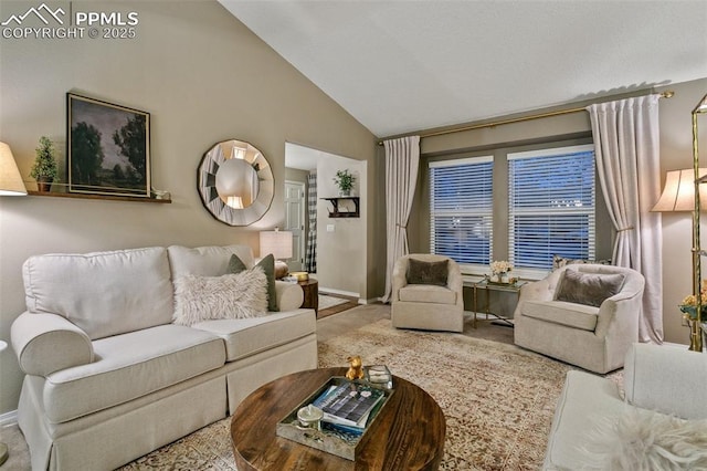 9131 Estebury Cir, Colorado Springs, CO 80920 - living area featuring vaulted ceiling, carpet, and baseboards