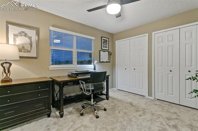 9131 Estebury Cir, Colorado Springs, CO 80920 - office area featuring a ceiling fan, light colored carpet, a textured ceiling, and baseboards