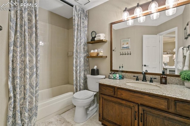 9131 Estebury Cir, Colorado Springs, CO 80920 - bathroom with shower / bath combination with curtain, vanity, tile patterned floors, and toilet