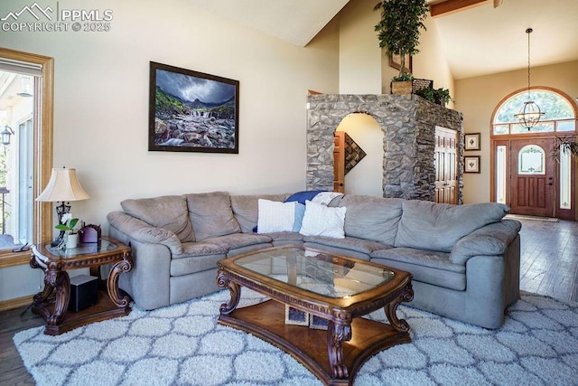 1120 Brenthaven Ct, Monument, CO 80132 - living area featuring wood-type flooring, high vaulted ceiling, and arched walkways