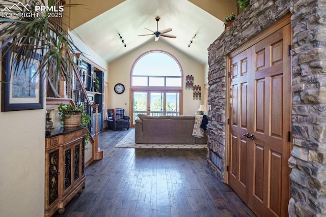 1120 Brenthaven Ct, Monument, CO 80132 - foyer featuring dark wood-style flooring, ceiling fan, and high vaulted ceiling