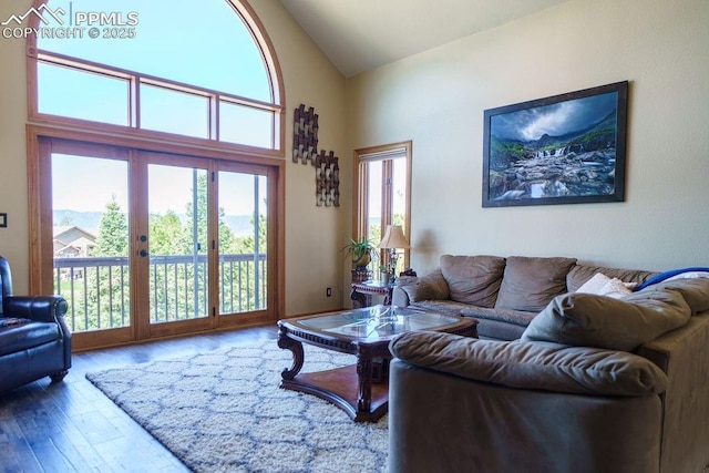 1120 Brenthaven Ct, Monument, CO 80132 - living room with wood finished floors, high vaulted ceiling, and french doors