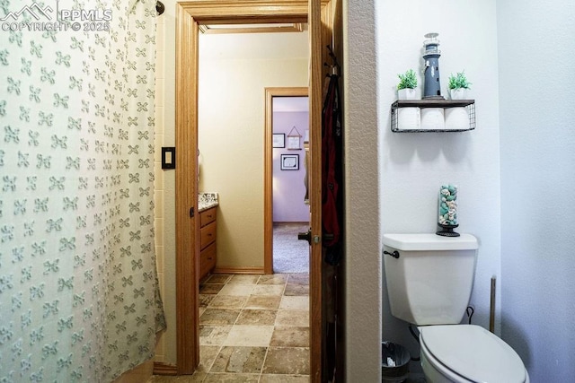 1120 Brenthaven Ct, Monument, CO 80132 - bathroom featuring stone finish floors, toilet, vanity, and a shower with shower curtain