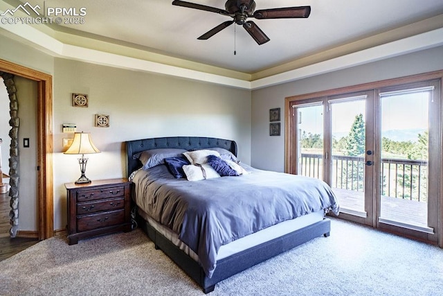 1120 Brenthaven Ct, Monument, CO 80132 - bedroom featuring access to exterior, light carpet, ceiling fan, and baseboards