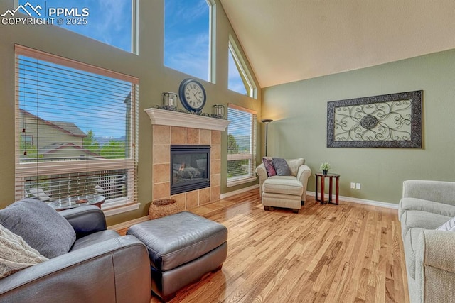 261 Saber Creek Dr, Monument, CO 80132 - living area with wood finished floors, high vaulted ceiling, baseboards, and a fireplace