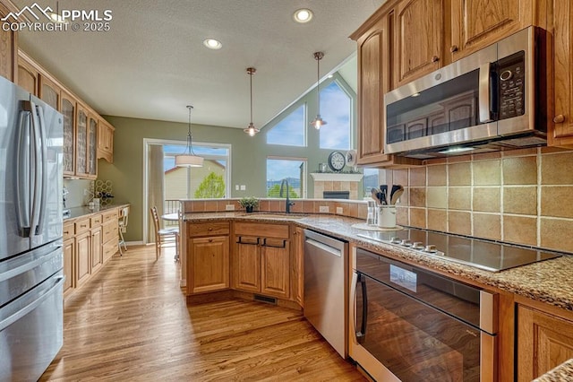 261 Saber Creek Dr, Monument, CO 80132 - kitchen featuring stainless steel appliances, a sink, light wood finished floors, a peninsula, and glass insert cabinets