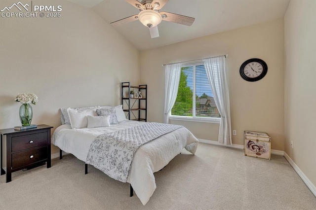 261 Saber Creek Dr, Monument, CO 80132 - carpeted bedroom with lofted ceiling, baseboards, and a ceiling fan