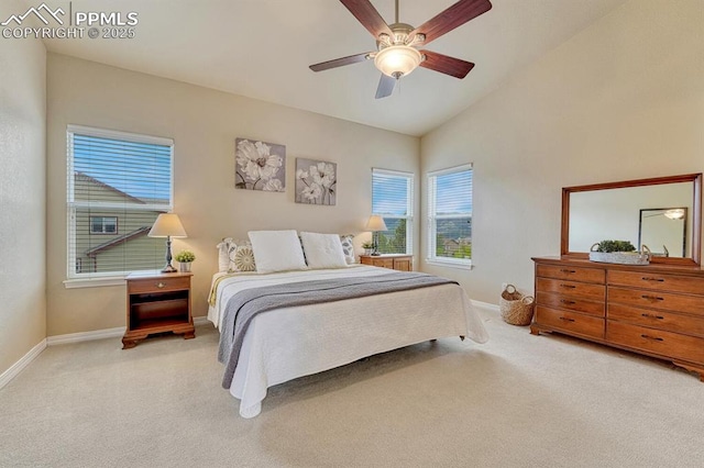 261 Saber Creek Dr, Monument, CO 80132 - bedroom featuring carpet flooring, baseboards, lofted ceiling, and ceiling fan