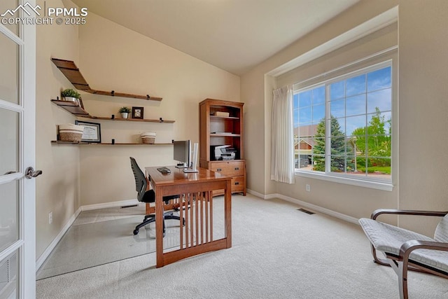 261 Saber Creek Dr, Monument, CO 80132 - office area featuring baseboards, carpet, and lofted ceiling