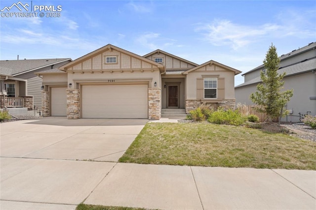 7031 Thorn Brush Way, Colorado Springs, CO 80923 - craftsman-style home with stone siding, a garage, stucco siding, driveway, and a front lawn
