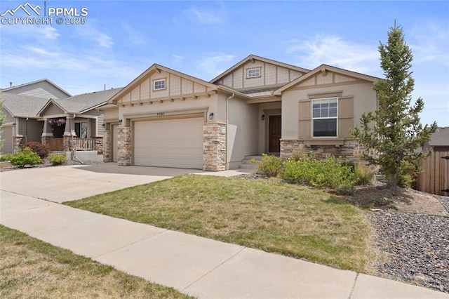 7031 Thorn Brush Way, Colorado Springs, CO 80923 - craftsman inspired home with stone siding, an attached garage, concrete driveway, stucco siding, and covered porch