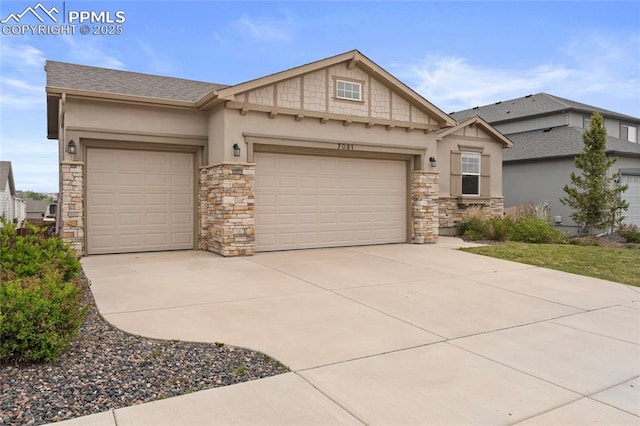 7031 Thorn Brush Way, Colorado Springs, CO 80923 - craftsman-style home with stone siding, a garage, concrete driveway, stucco siding, and roof with shingles
