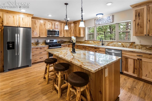 74 Buckskin Cir, Florissant, CO 80816 - kitchen with appliances with stainless steel finishes, a sink, light wood-type flooring, a breakfast bar area, and a kitchen island